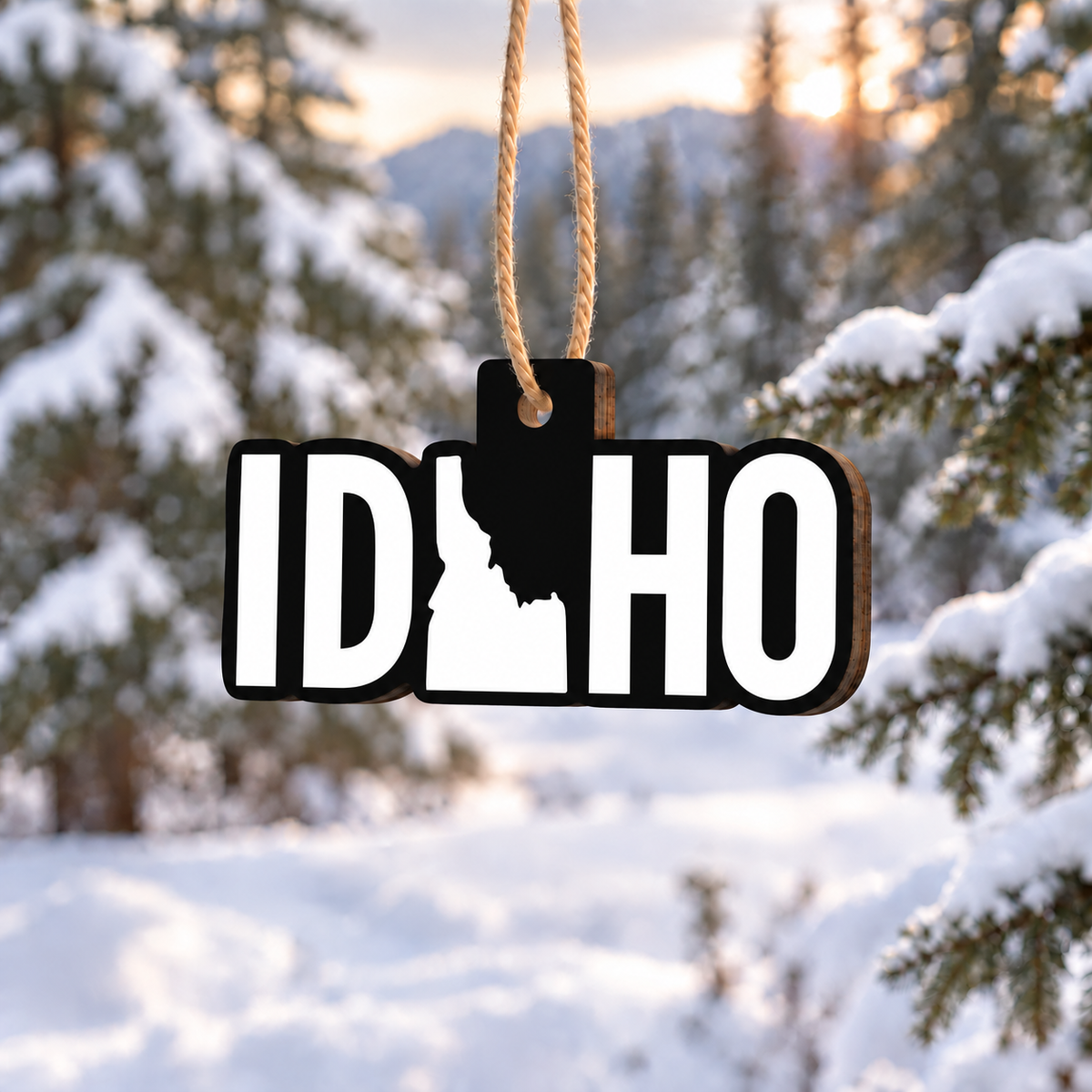 Idaho State Shape UV-printed wooden ornament with jute hanging loop