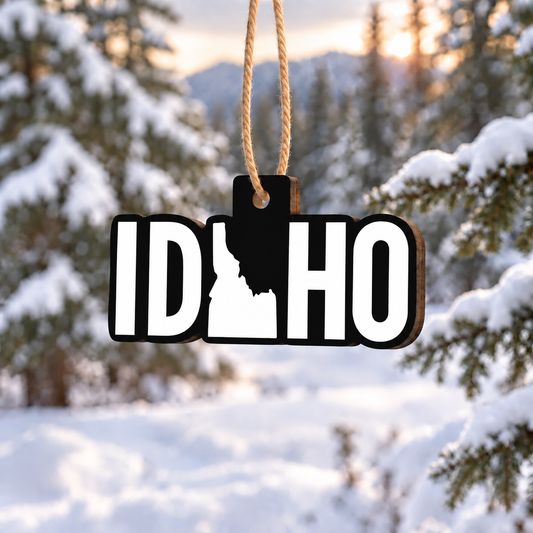 Idaho State Shape UV-printed wooden ornament with jute hanging loop