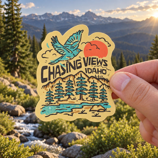 Chasing Views Idaho sticker held outdoors in an Idaho mountain landscape