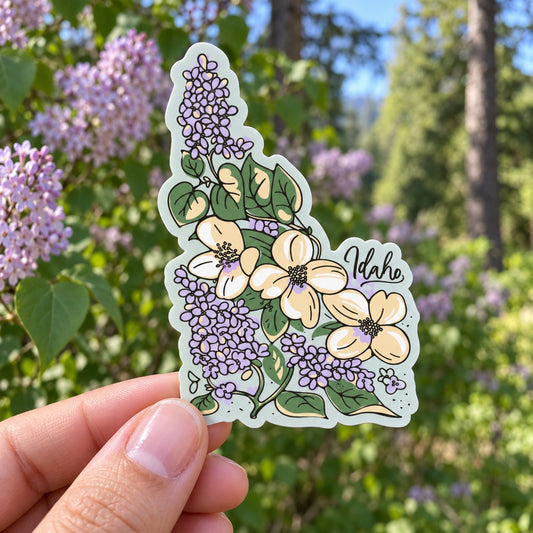 Idaho Syringa State Flower sticker held outdoors among blooming syringa