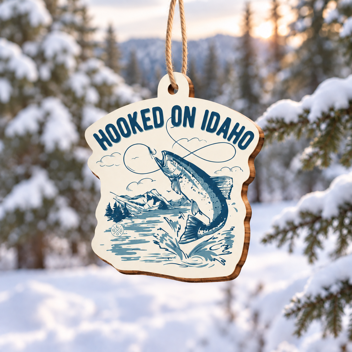 Hooked on Idaho UV-printed wooden ornament with jute hanging loop