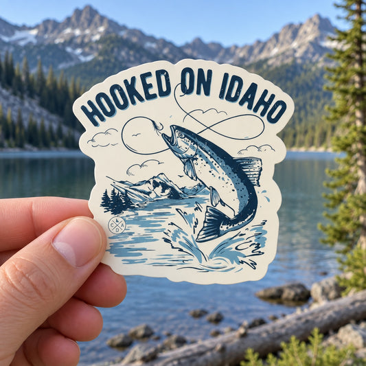 Hooked On Idaho sticker held outdoors