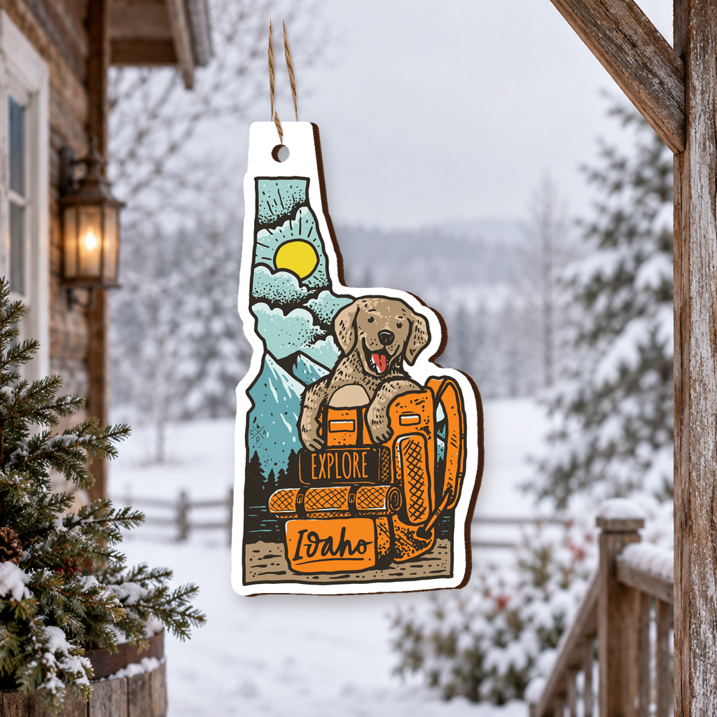 Idaho Explorer Puppy UV-printed wooden ornament with rustic jute hanging loop