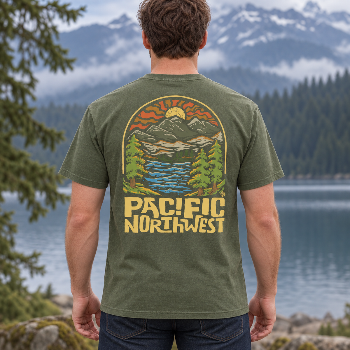 Back graphic on Hemp Comfort Colors 1717 tee modeled beside a Pacific Northwest mountain lake