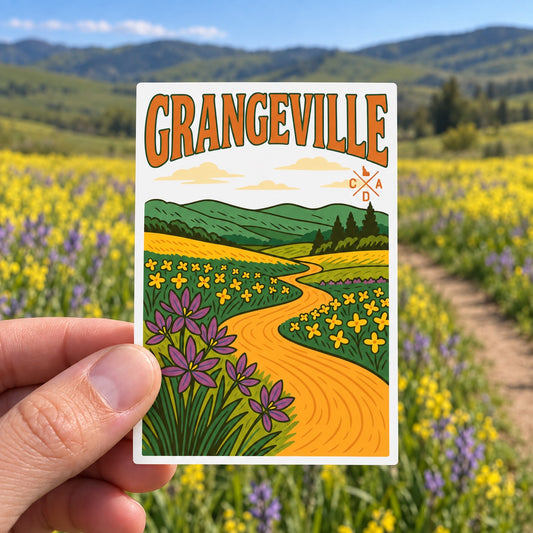 Grangeville Canola and Camas Lily sticker held outdoors along a flower-lined prairie path