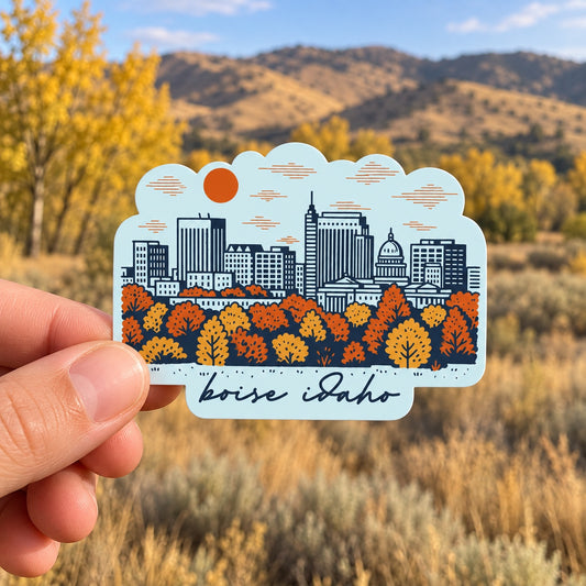 Boise Idaho Skyline sticker held outdoors in the Boise foothills