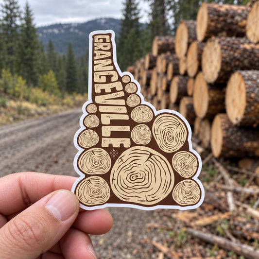 Grangeville Idaho Log Stack sticker held outdoors beside stacked timber