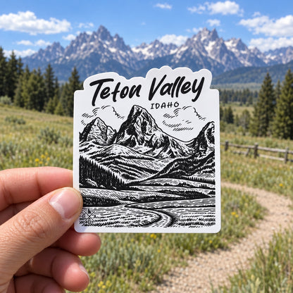 Handheld Teton Valley Idaho sticker outdoors in mountain countryside