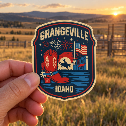 Grangeville Freedom sticker held outdoors at a Camas Prairie ranch at sunset