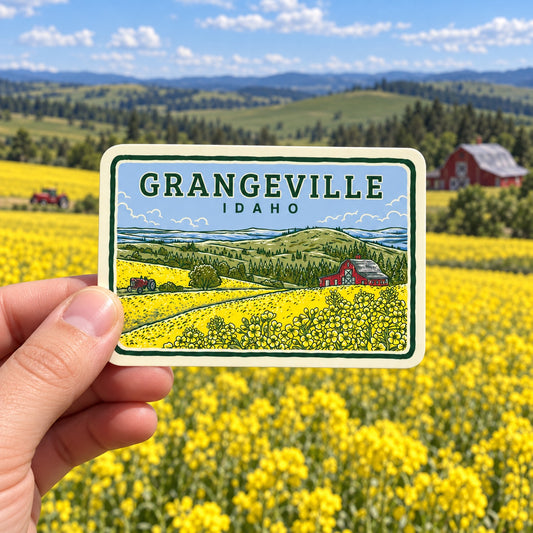 Golden Fields of Grangeville Idaho sticker held outdoors above yellow Camas Prairie fields