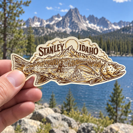 Hooked On Stanley Idaho sticker held outdoors