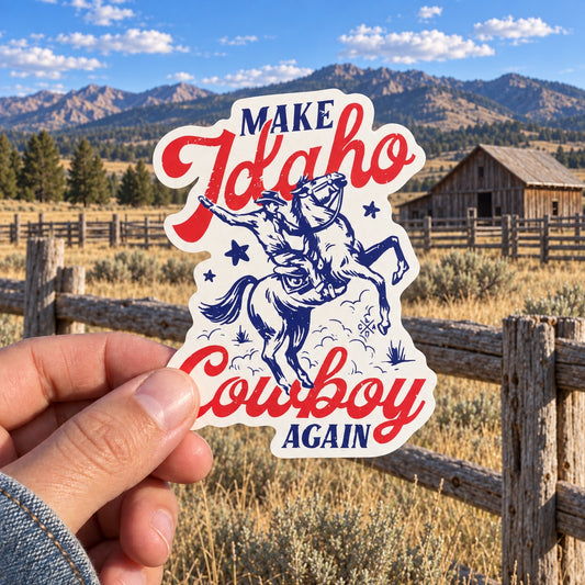 Make Idaho Cowboy Again sticker held outdoors at an Idaho ranch