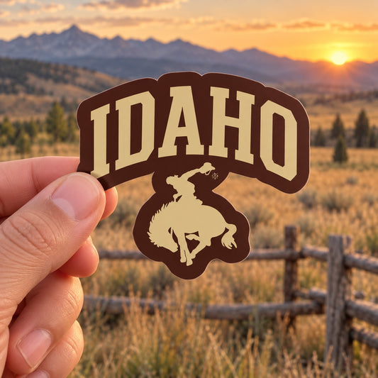 Idaho Collegiate Cowboy sticker held outdoors in Idaho