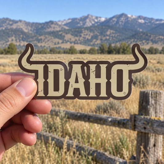 Idaho Horns sticker held outdoors