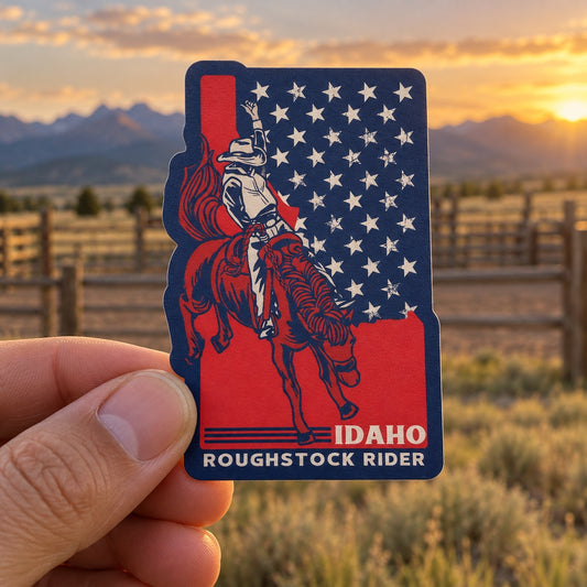 Idaho Roughstock Rider Patriotic sticker held outdoors