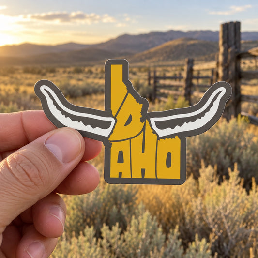 Idaho Bullhorn Logo sticker held outdoors