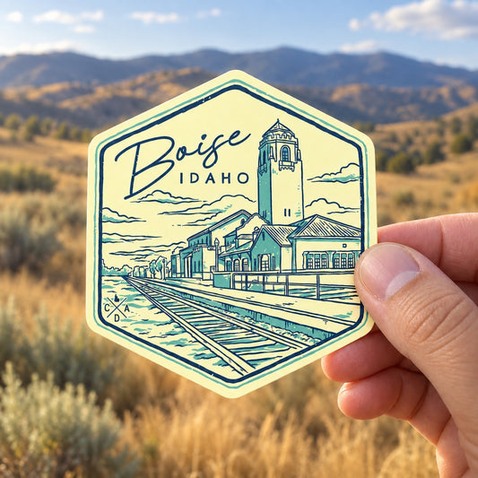 Boise Train Station sticker held outdoors in the Boise foothills