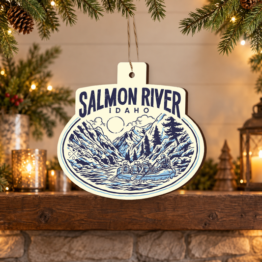 Salmon River Whitewater Rafting UV-printed wooden ornament with rustic jute hanging loop