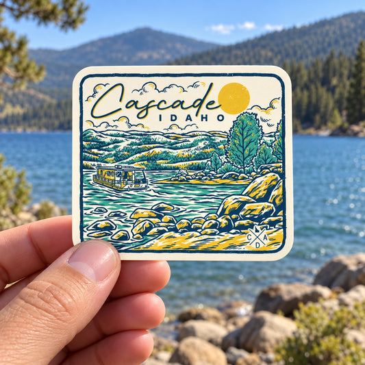 Lake Cascade Idaho sticker held outdoors beside Lake Cascade