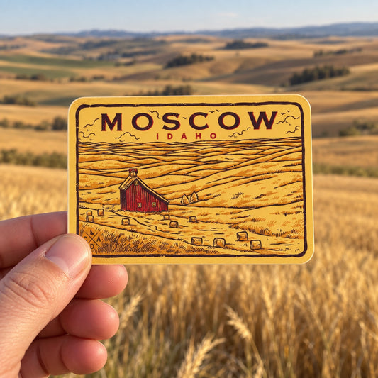 Fields of Wheat Moscow Idaho sticker held outdoors above golden Palouse wheat fields