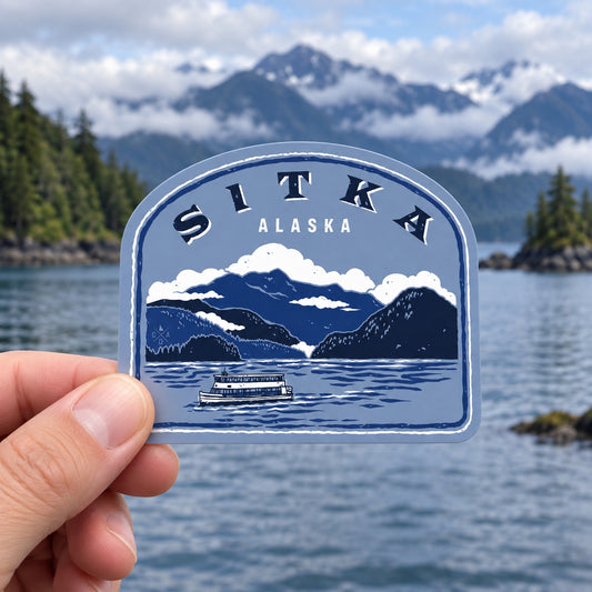 Classic Sitka Alaska sticker held outdoors beside a misty coastal landscape