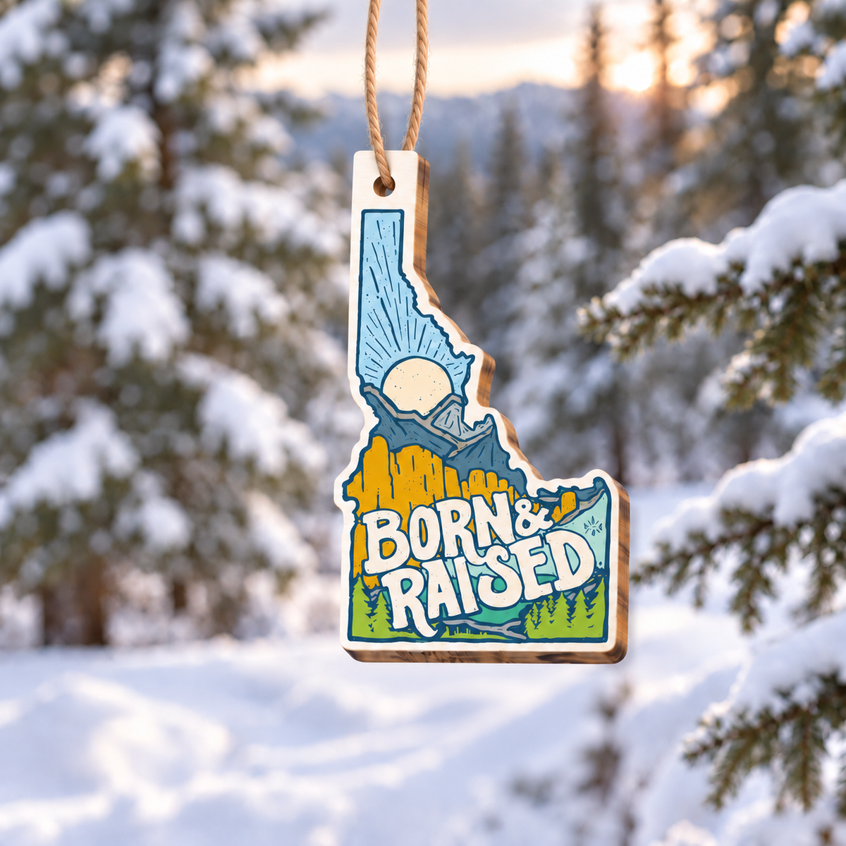 Born and Raised Idaho UV-printed wooden ornament with jute hanging loop