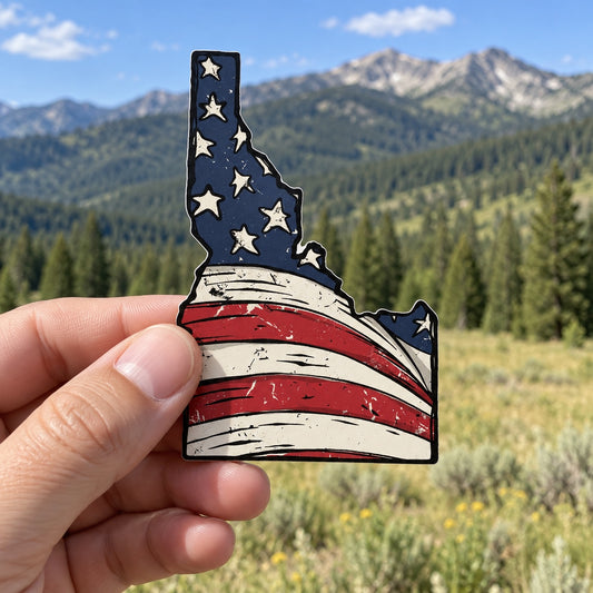Idaho American Flag sticker held outdoors