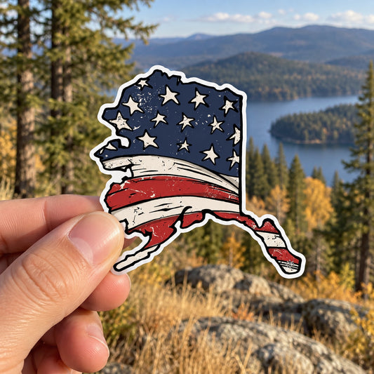 Alaska American flag sticker held outdoors at a North Idaho lake overlook