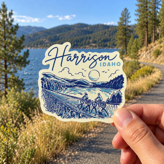Bike Harrison Idaho sticker held outdoors beside a natural North Idaho lakeside trail