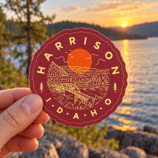 Harrison Sunset sticker held outdoors beside Lake Coeur d'Alene at golden hour