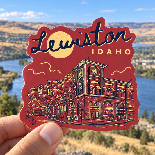 Downtown Lewiston sticker held outdoors above the Lewiston Idaho river valley