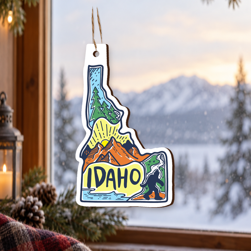 Scenes of Idaho UV-printed wooden ornament with rustic jute hanging loop