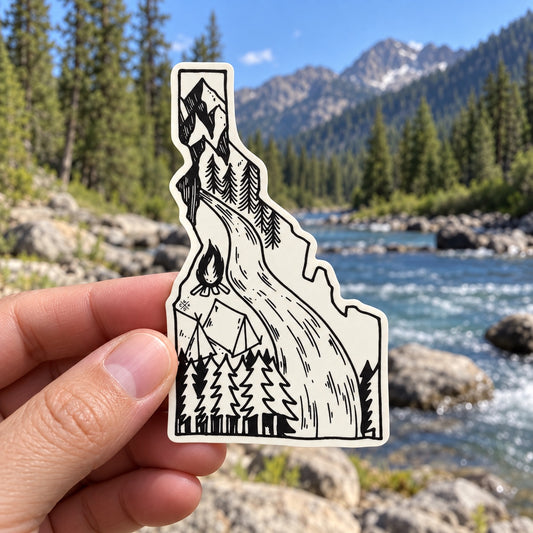 Idaho River sticker held outdoors
