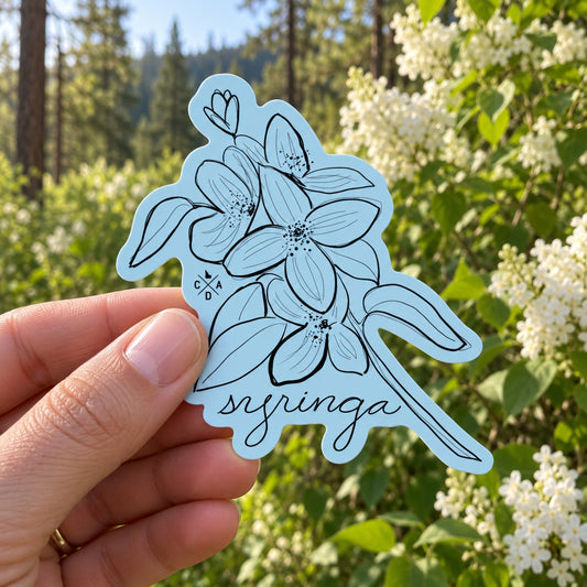 Idaho Native Plants Syringa sticker held outdoors