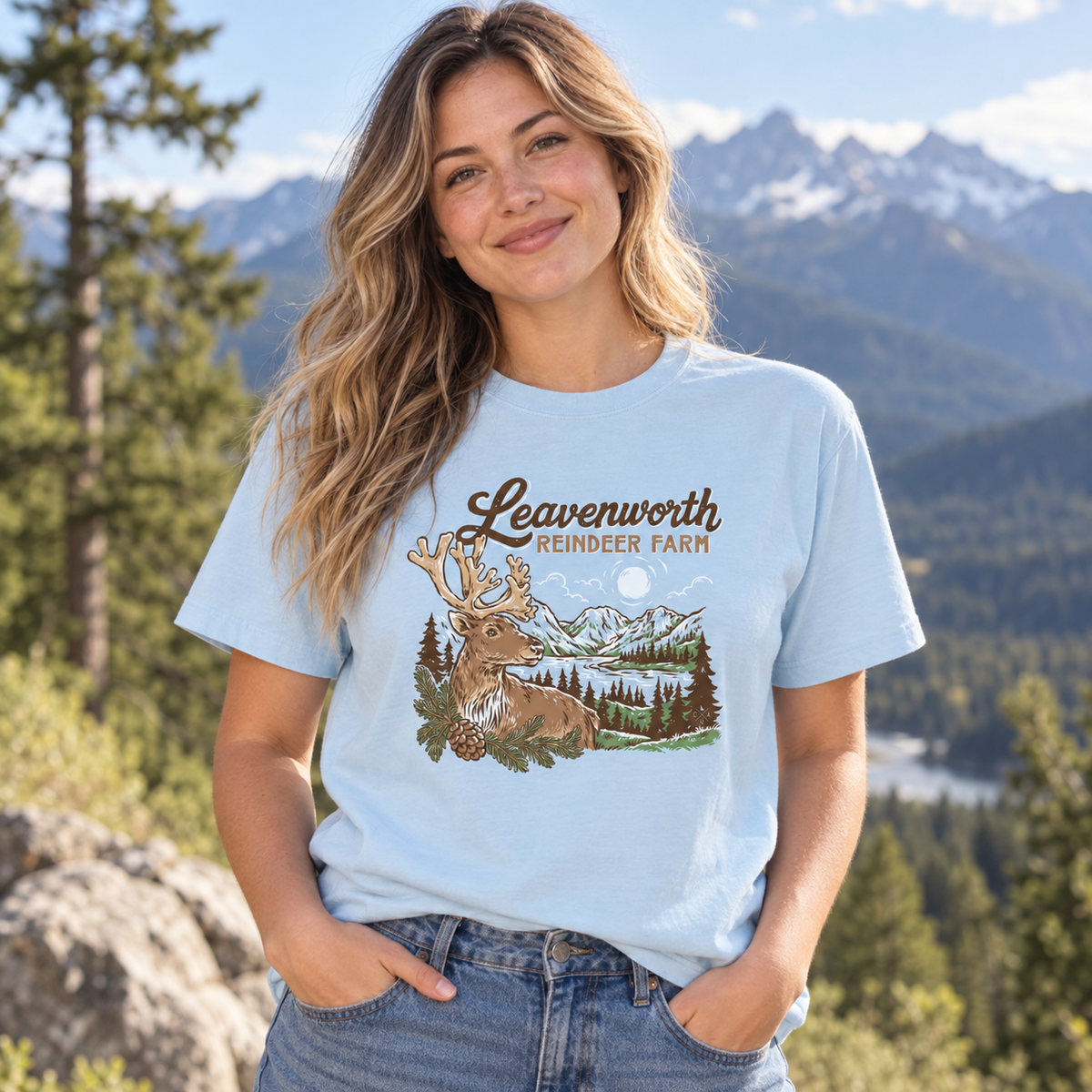 Person wearing the Leavenworth Reindeer Farm Chambray Tee