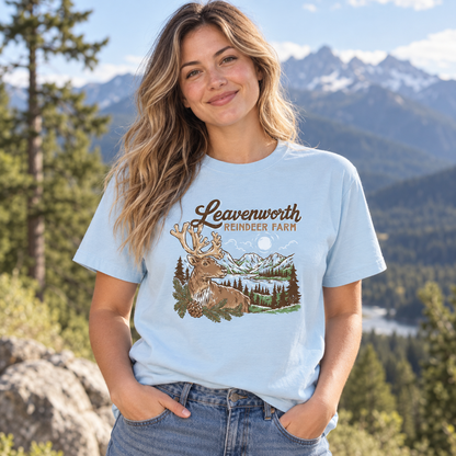 Person wearing the Leavenworth Reindeer Farm Chambray Tee