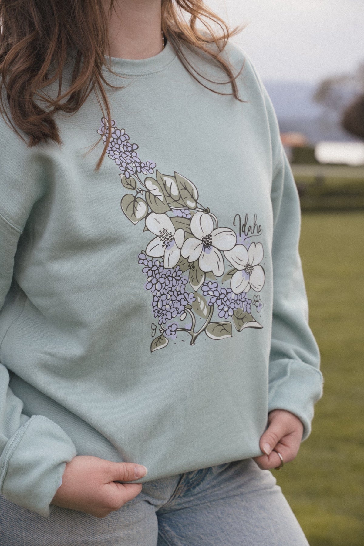 Idaho Syringa State Flower Sweatshirt - Dusty Blue