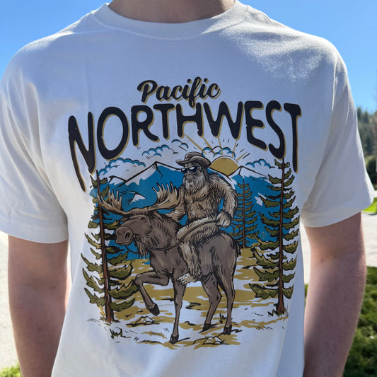 Pacific Northwest Sasquatch Riding Moose Tee - Vintage White (100% Cotton)