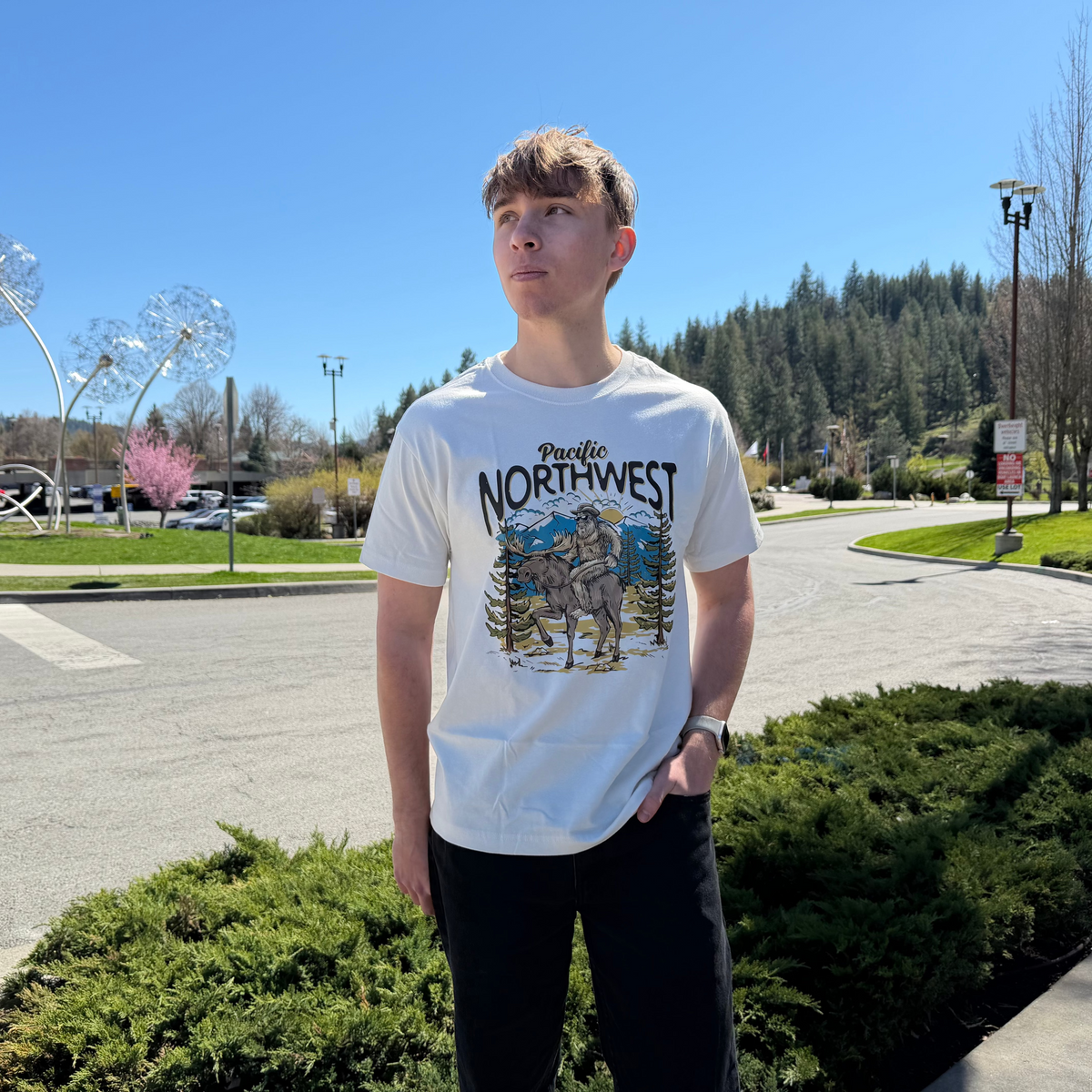 Pacific Northwest Sasquatch Riding Moose Tee - Vintage White (100% Cotton)