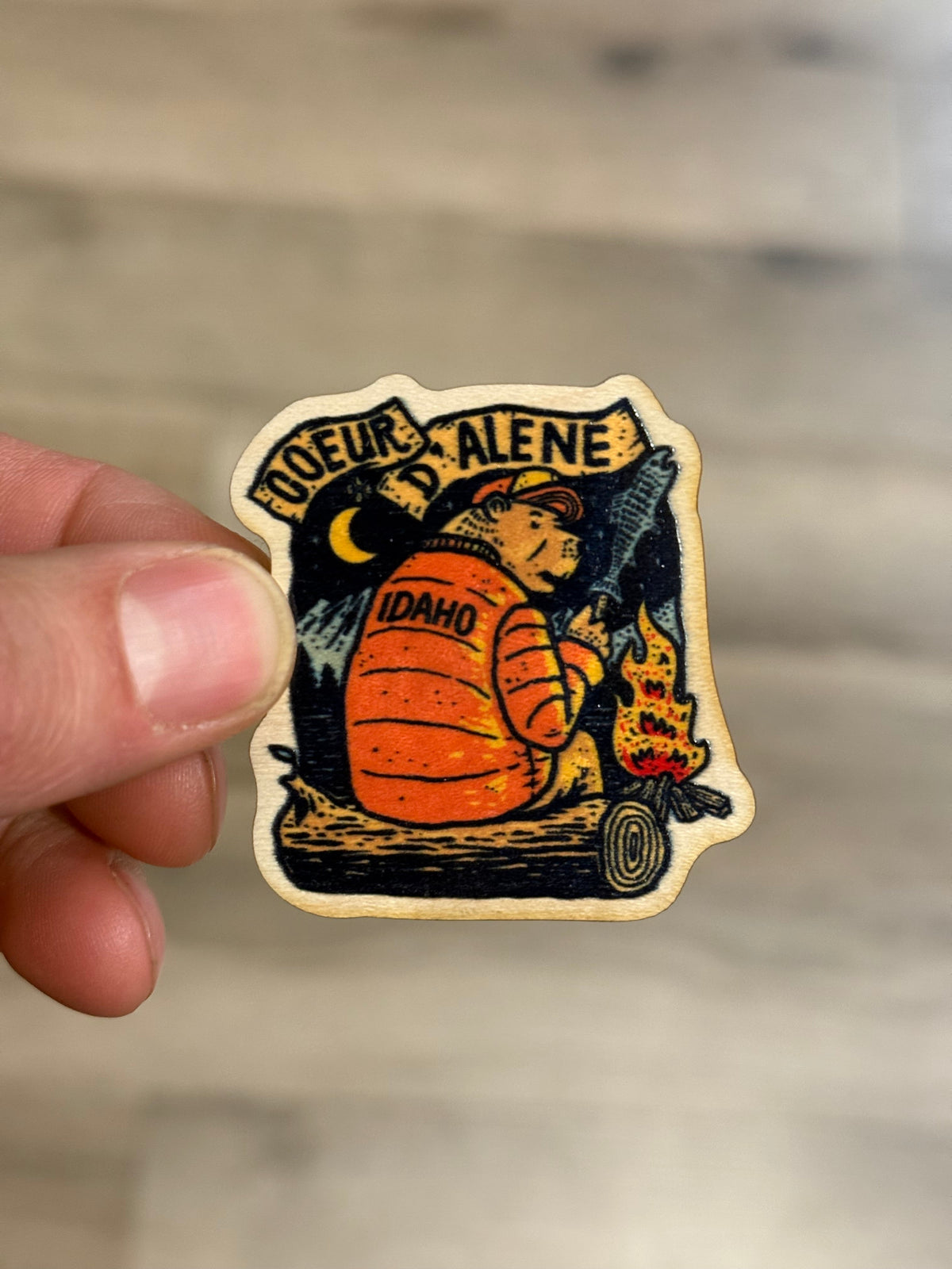 Coeur d'Alene Campfire Bear - Wooden Magnet (Printed)