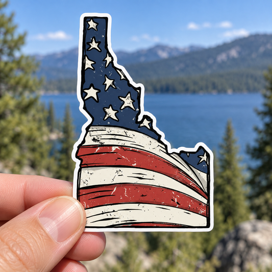 Idaho American Flag sticker held outdoors with a lake and evergreen trees in the background.